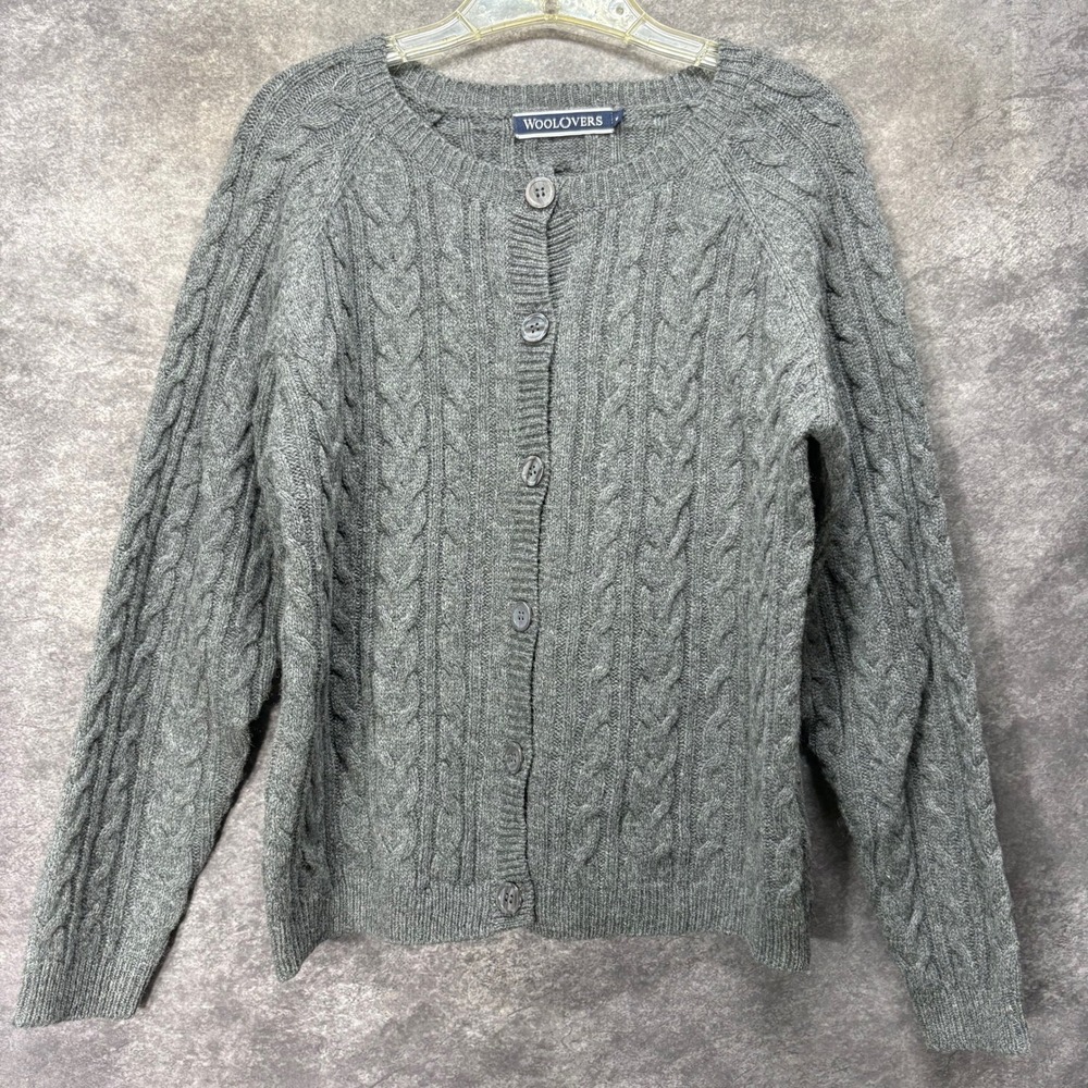 Woolovers 100% Wool Cable Knit Cardigan Sweater Size M Heather Gray Preppy